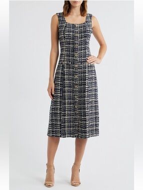 Zoe & Claire Tweed Fit Flare Midi Dress Size Large NWT Square Neck